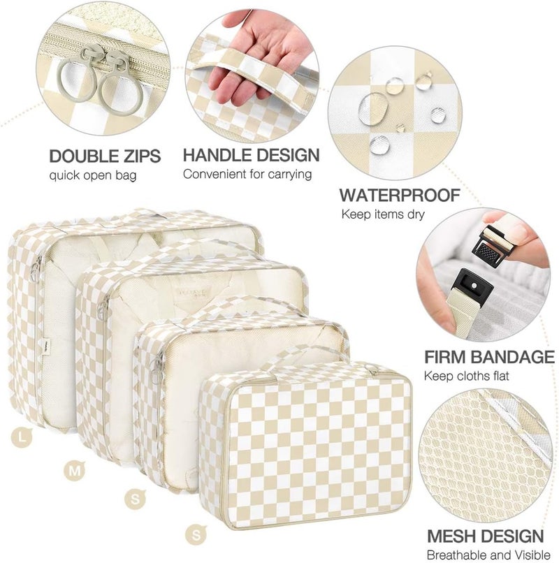 Hatisan 8 Set Packing Cubes for Suitcases,Packing Cube with Shoe, Cosmetics, Clothing, and Accessories Bags Packing Cubes for Travel Luggage Organizer Women Men(Khaki Checkered) - Image 3